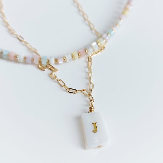 Custom Initial Pastel Mother-of-Pearl Tube Beads Double Chain Necklace
