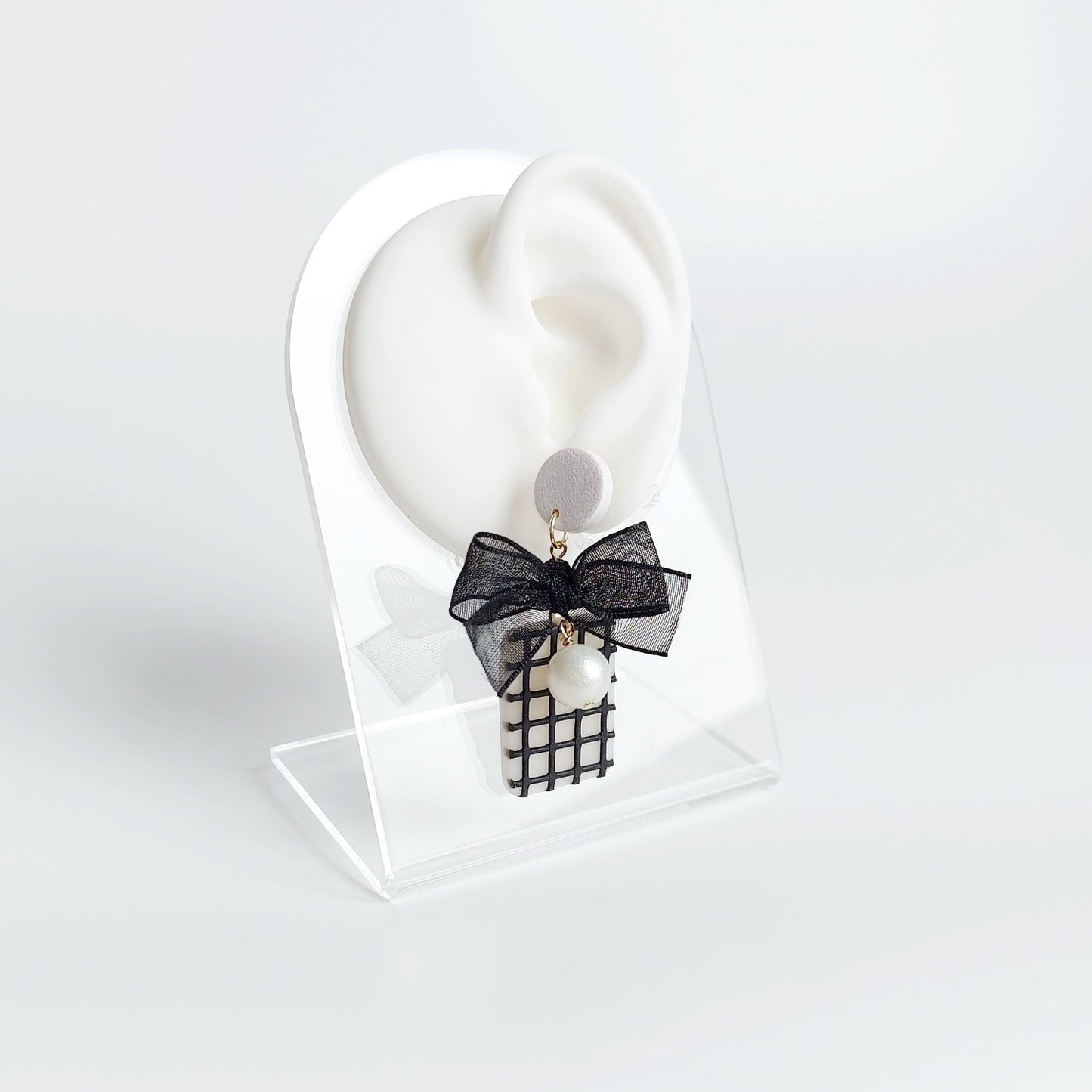 Black Grid Bow with Cotton Pearl Earrings