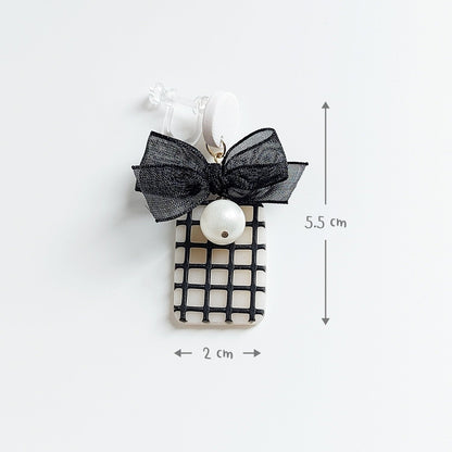 Black Grid Bow with Cotton Pearl Earrings